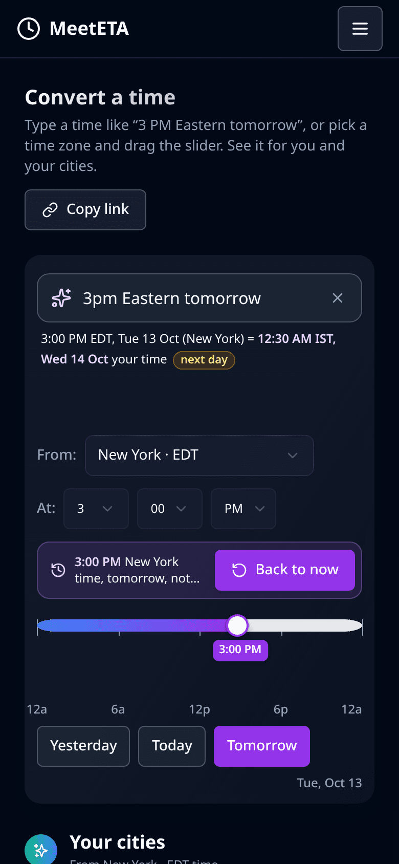 MeetETA Convert tab: a typed time like “3 PM Eastern” shown in each of your cities, with a slider to change the time.