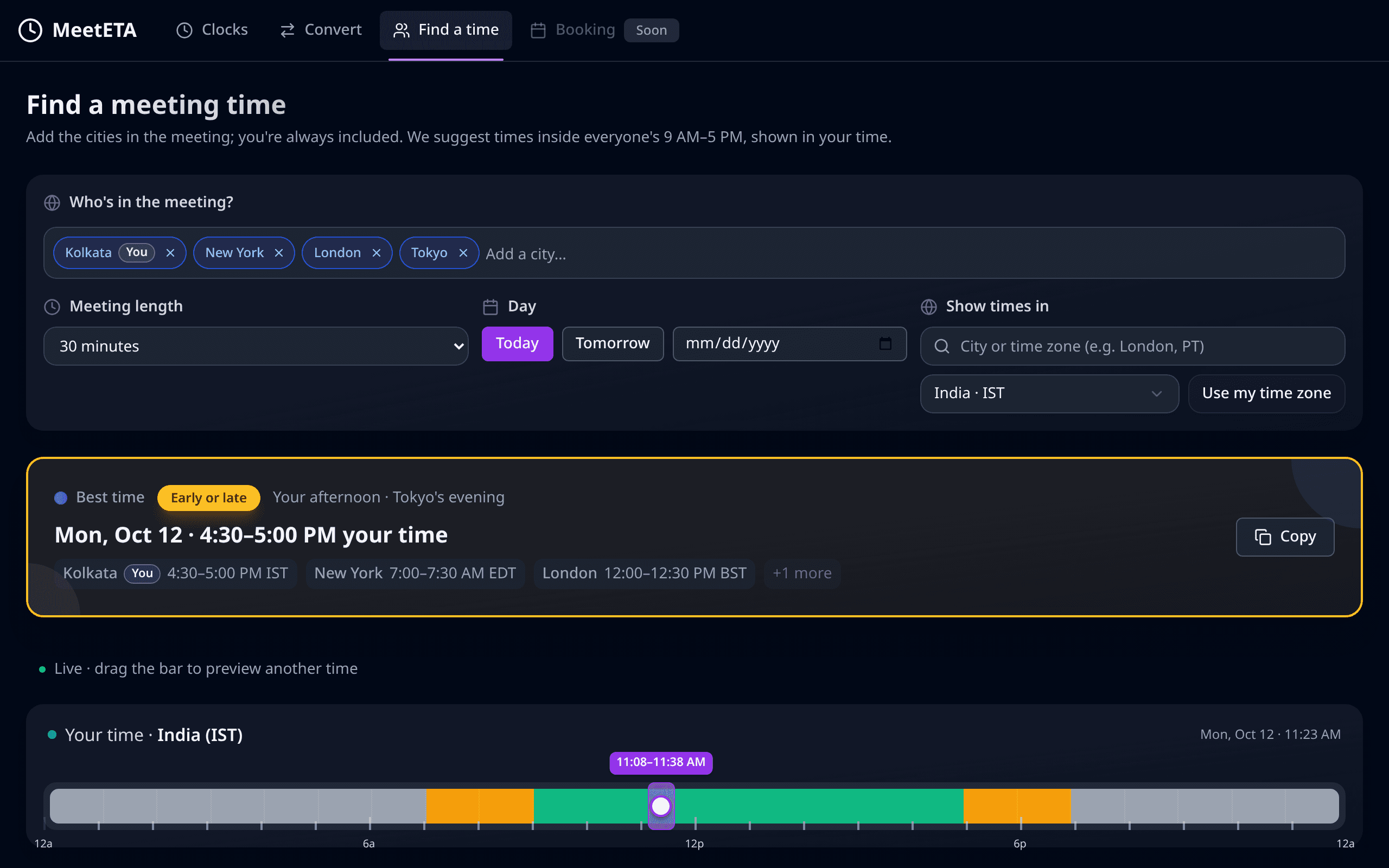 MeetETA Find a time tab: coloured hour bars for each city and a list of suggested meeting times that suit everyone.