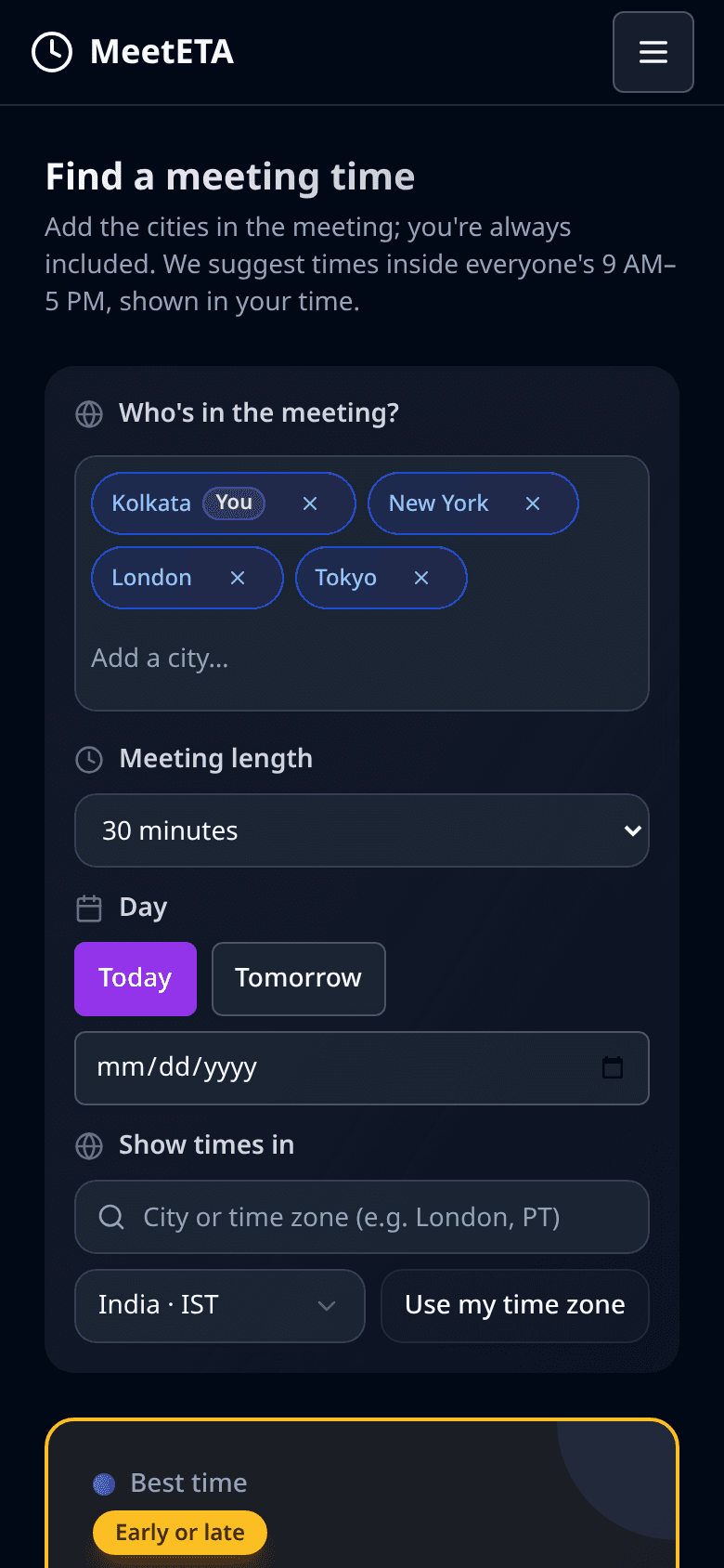 MeetETA Find a time tab: coloured hour bars for each city and a list of suggested meeting times that suit everyone.